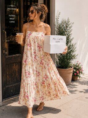 Maisie Pink Cream Floral Tiered Midi Dress Watercolor Sundress NWT Medium Size M